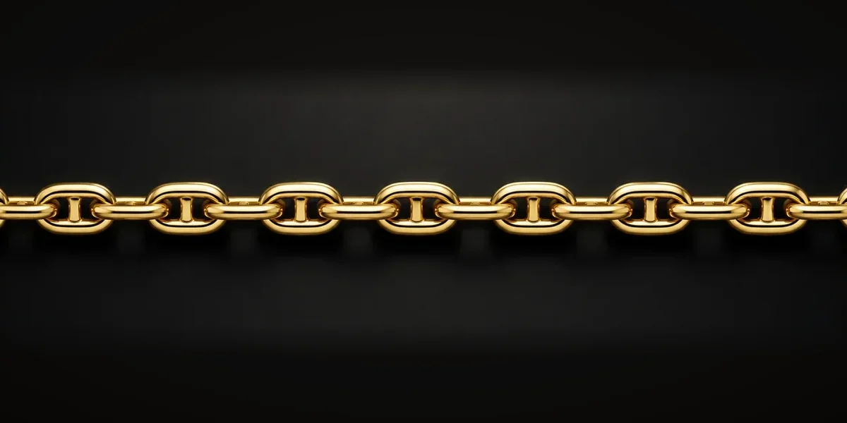 Goldene Stegankerkette – Ovale Ankerketten-Glieder greifen abwechselnd ineinander und besitzen jeweils einen festen Quersteg in der Mitte. Dieser Mittelsteg ist das typische Erkennungsmerkmal der Kettenform.